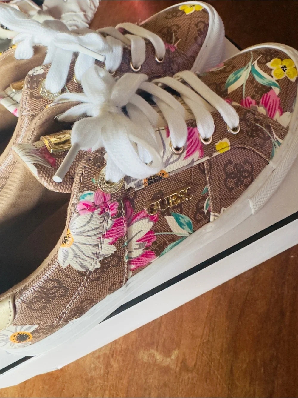 Guess Floral Logo Canvas Sneakers in Brown, White, Pink & Yellow - Picture 3 of 5